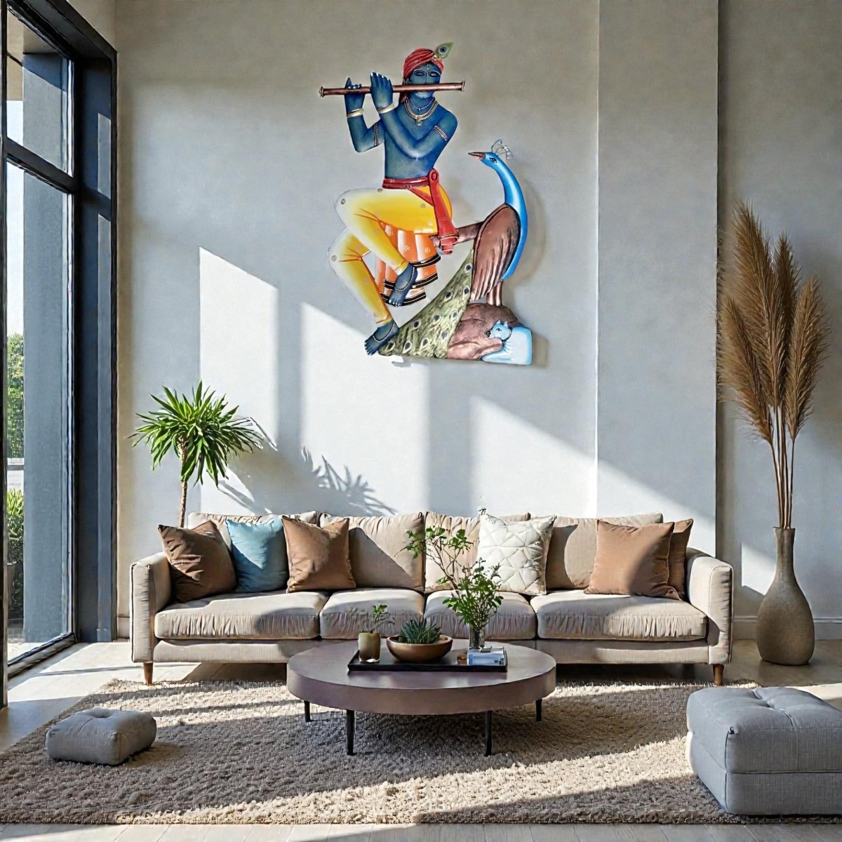 The Eternal Gopa: Handcrafted Krishna with Peacock & Cow Metal Art (28 x 24 Inches)