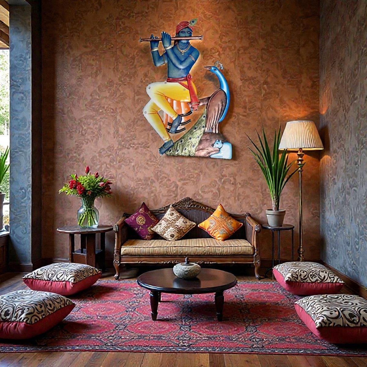 The Eternal Gopa: Handcrafted Krishna with Peacock & Cow Metal Art (28 x 24 Inches)