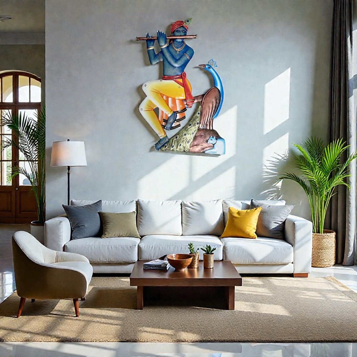 The Eternal Gopa: Handcrafted Krishna with Peacock & Cow Metal Art (28 x 24 Inches)