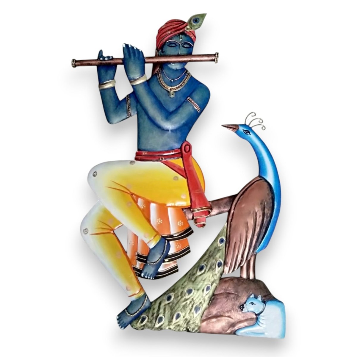 The Eternal Gopa: Handcrafted Krishna with Peacock & Cow Metal Art (28 x 24 Inches)