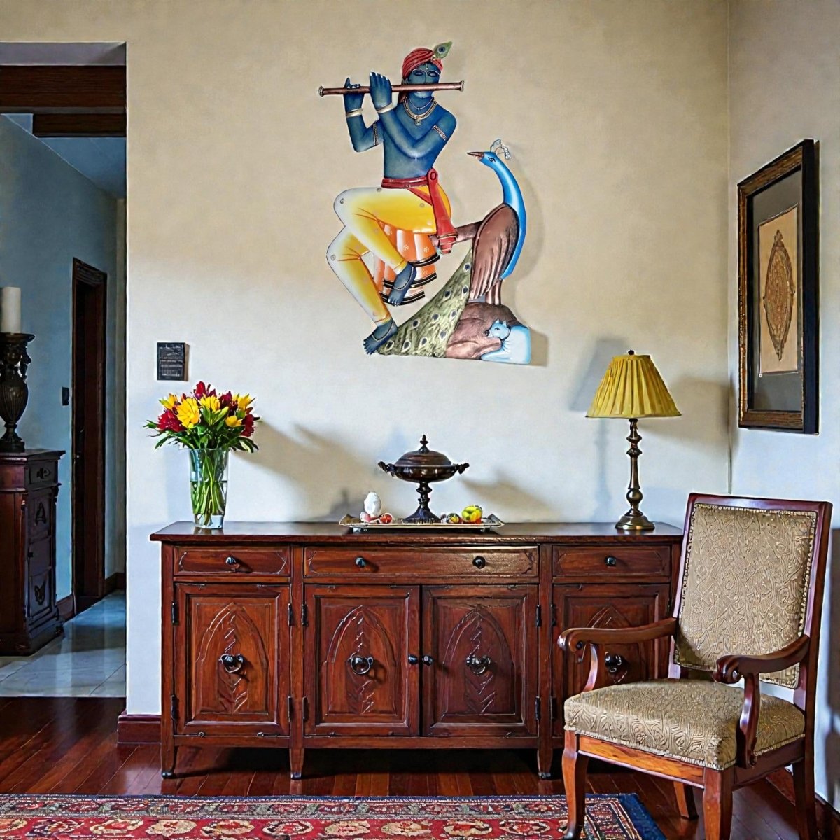 The Eternal Gopa: Handcrafted Krishna with Peacock & Cow Metal Art (28 x 24 Inches)