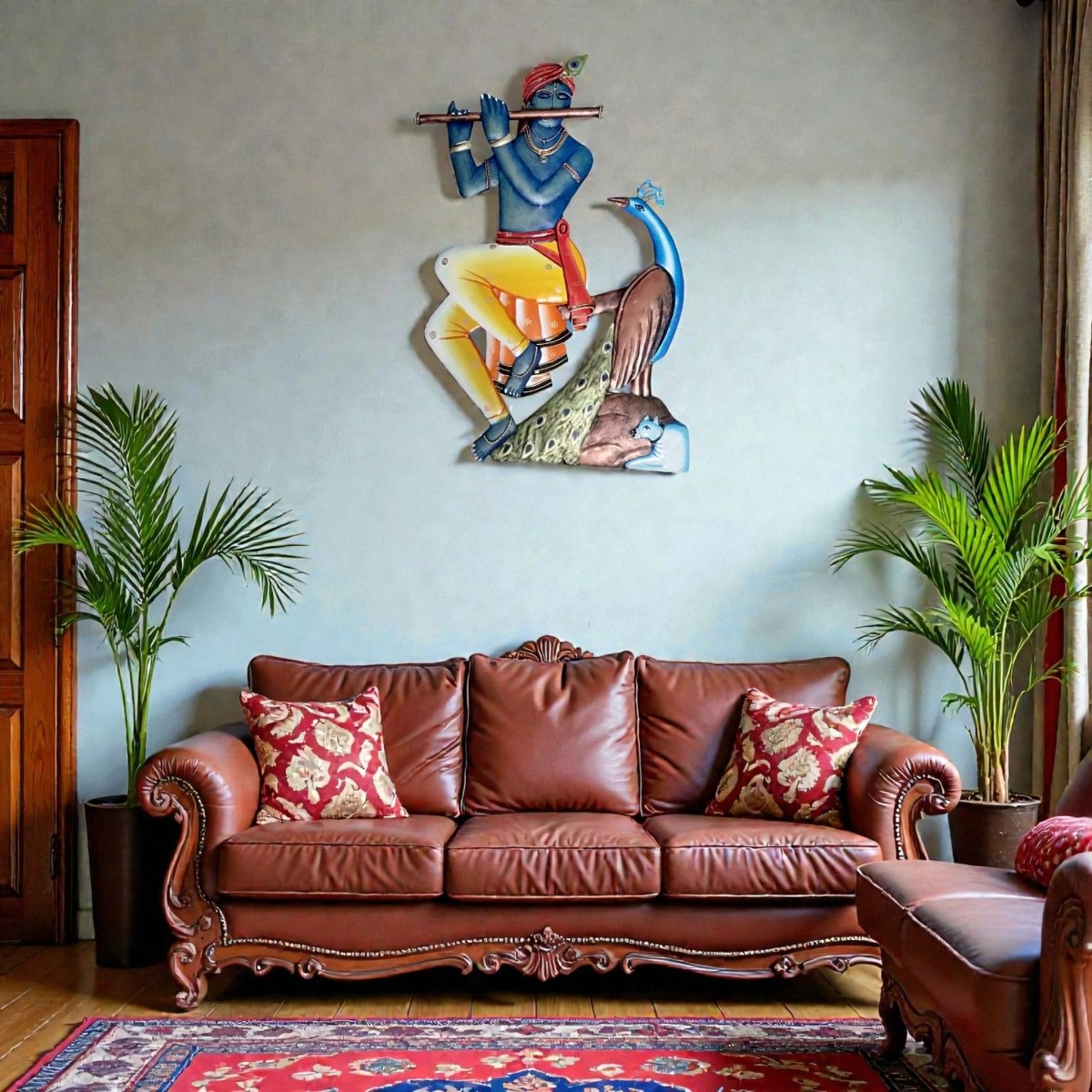 The Eternal Gopa: Handcrafted Krishna with Peacock & Cow Metal Art (28 x 24 Inches)