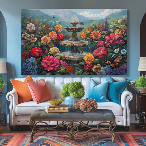 The Fountain of Flowers and Butterflies Canvas Wall painting (36 x 24 Inches)