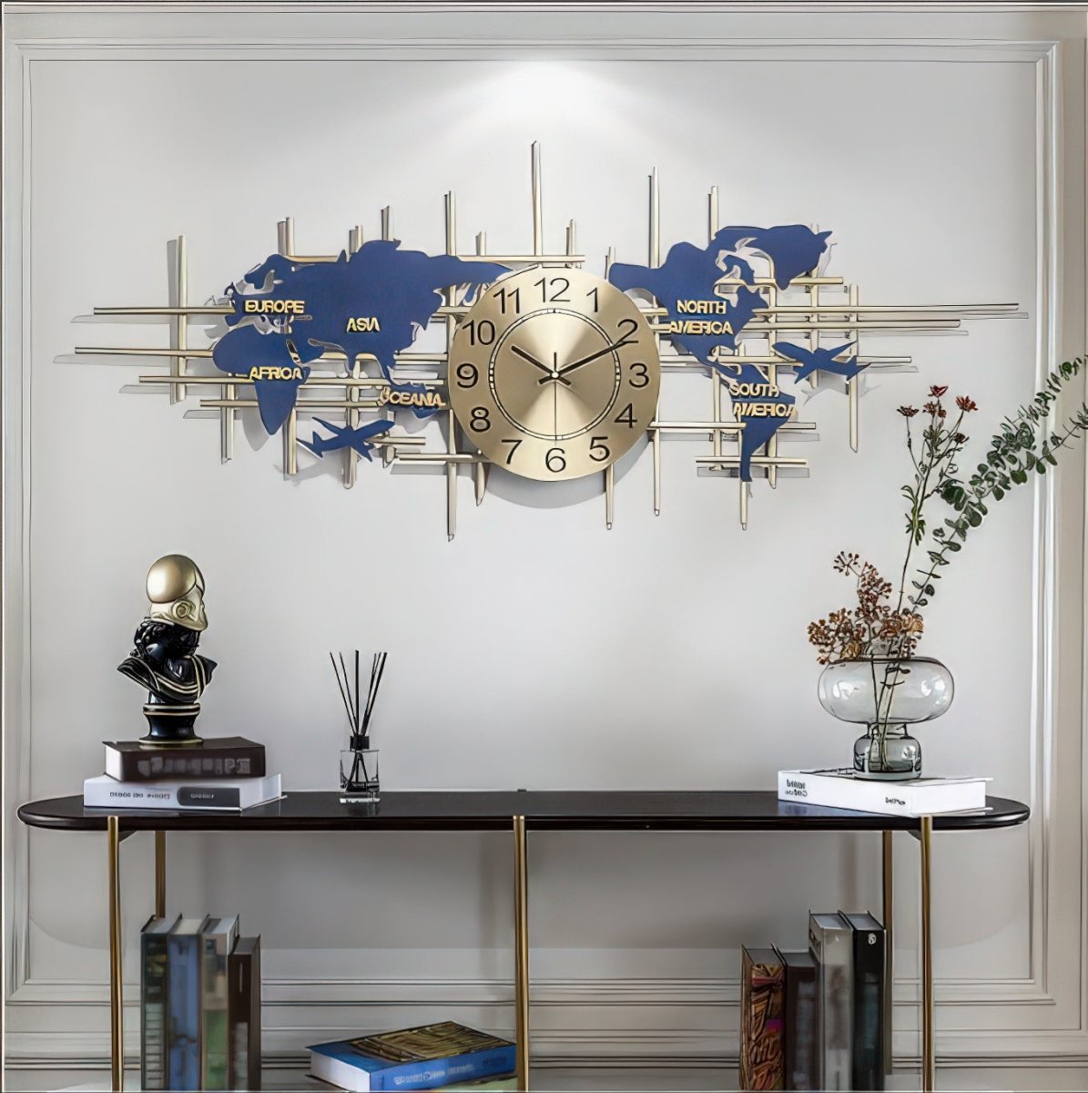 The Global Traveler:Gold Grid and Blue Continents Wall Decor (59 x 20 Inches)