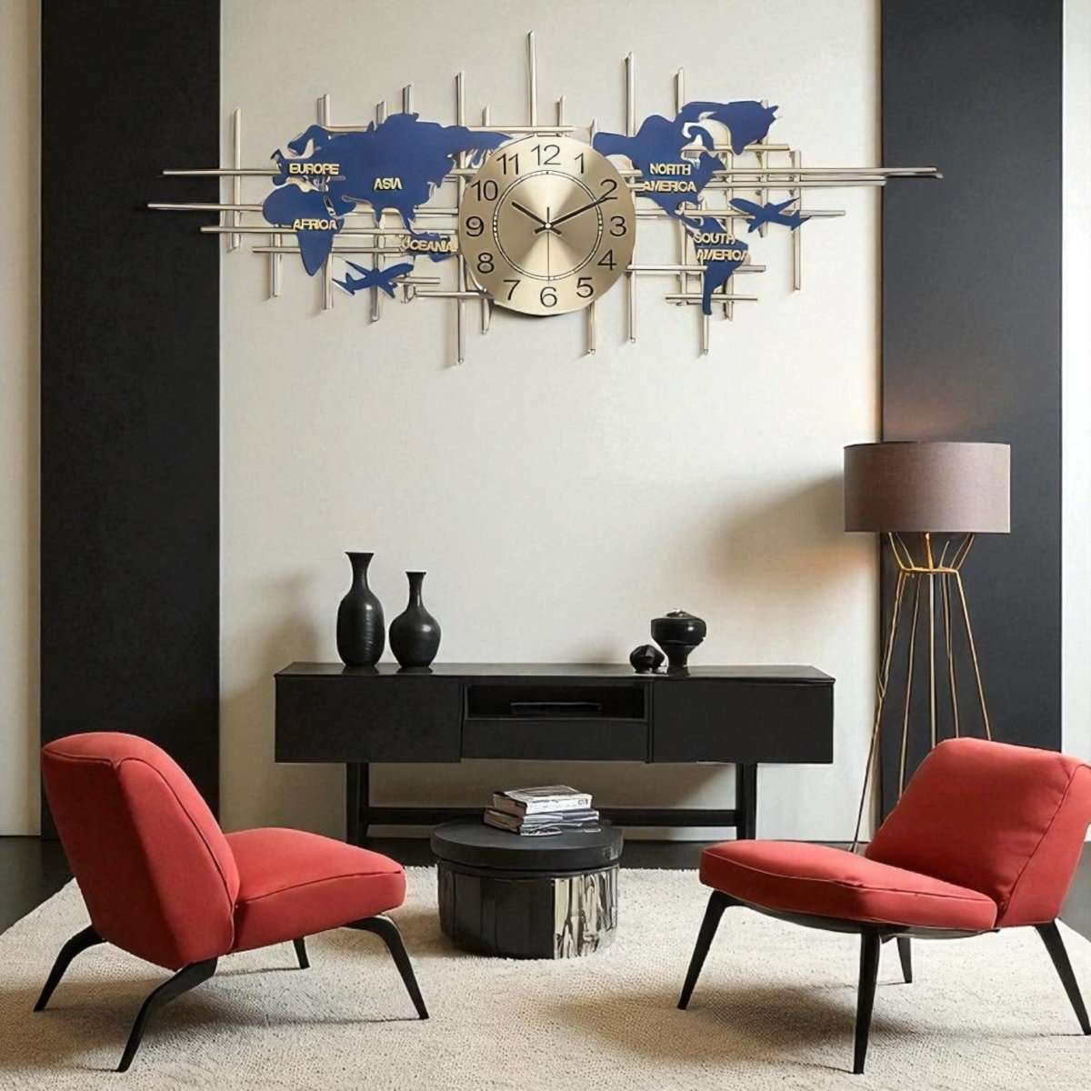 The Global Traveler:Gold Grid and Blue Continents Wall Decor (59 x 20 Inches)