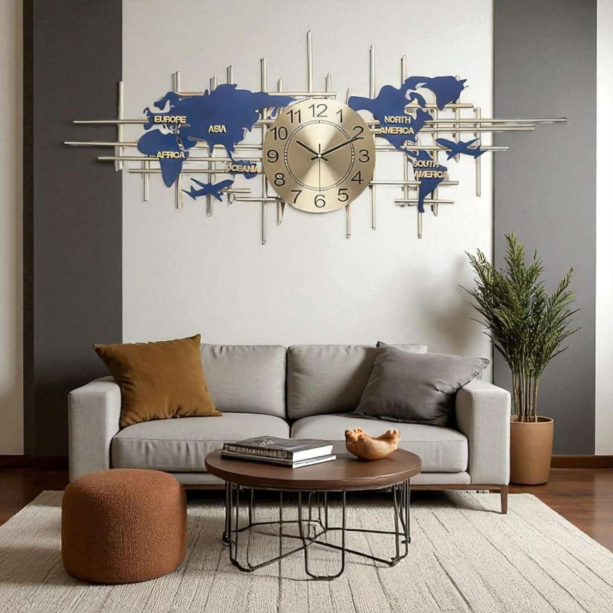 The Global Traveler:Gold Grid and Blue Continents Wall Decor (59 x 20 Inches)