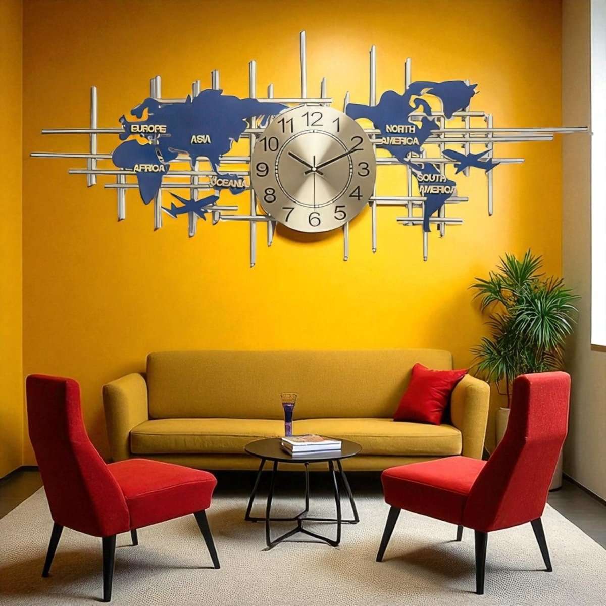 The Global Traveler:Gold Grid and Blue Continents Wall Decor (59 x 20 Inches)