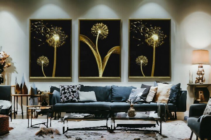 The Golden Wishes With Dandelions Crystal Glass Painting Set of 3 (150 x 70 Cm)