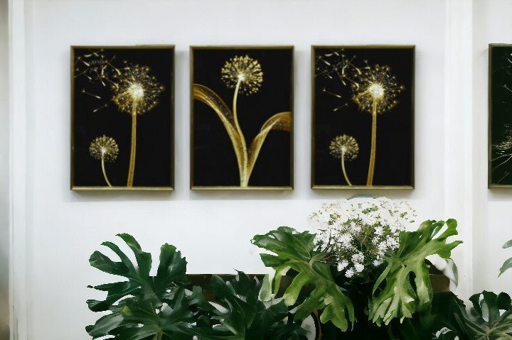 The Golden Wishes With Dandelions Crystal Glass Painting Set of 3 (150 x 70 Cm)