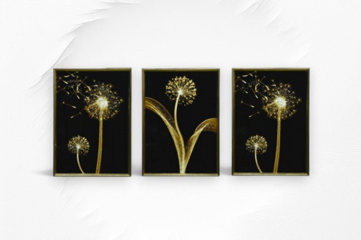 The Golden Wishes With Dandelions Crystal Glass Painting Set of 3 (150 x 70 Cm)