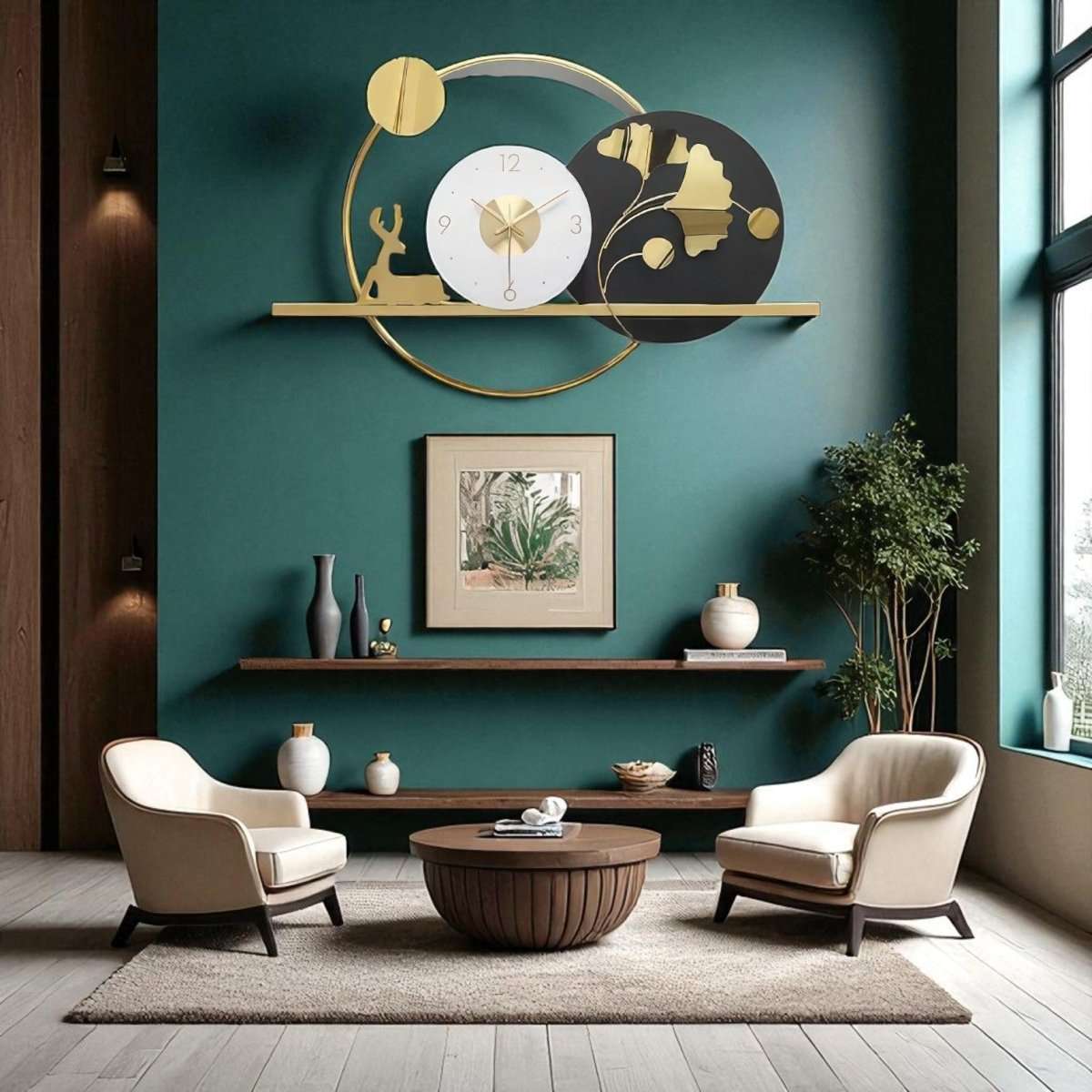 The Luxe Ginko Leaf & Deer Clock (28.5 x 18.5 Inches)