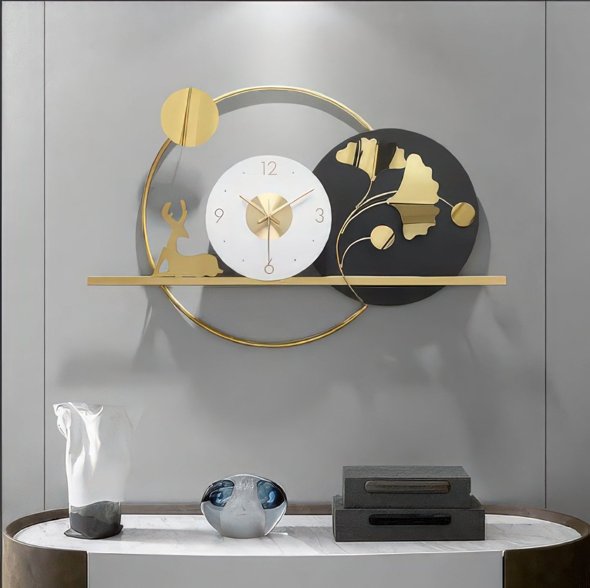 The Luxe Ginko Leaf & Deer Clock (28.5 x 18.5 Inches)