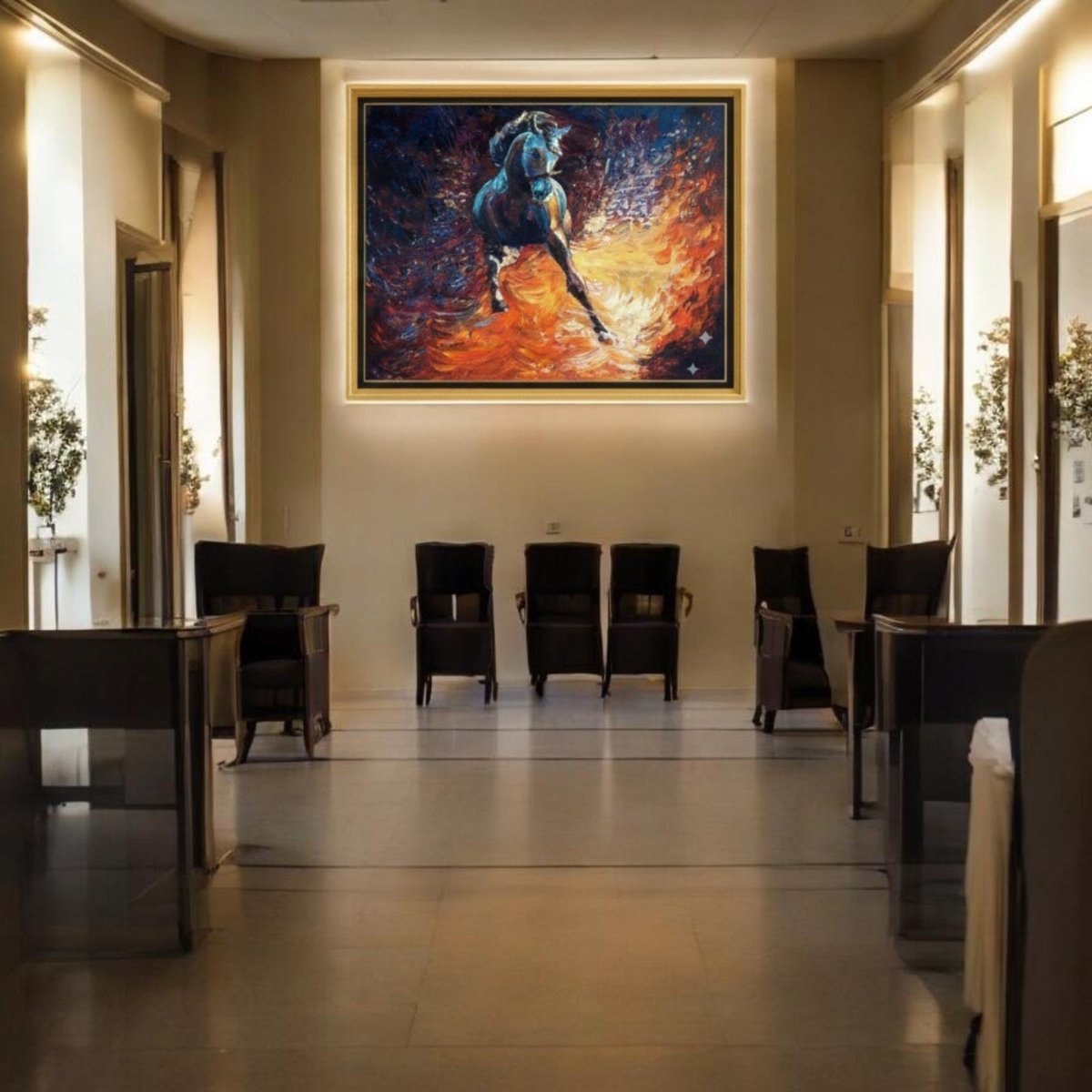 The Phoenix Stallion: Abstract Equine Motion in Fire and Indigo (36 x 24 Inches)