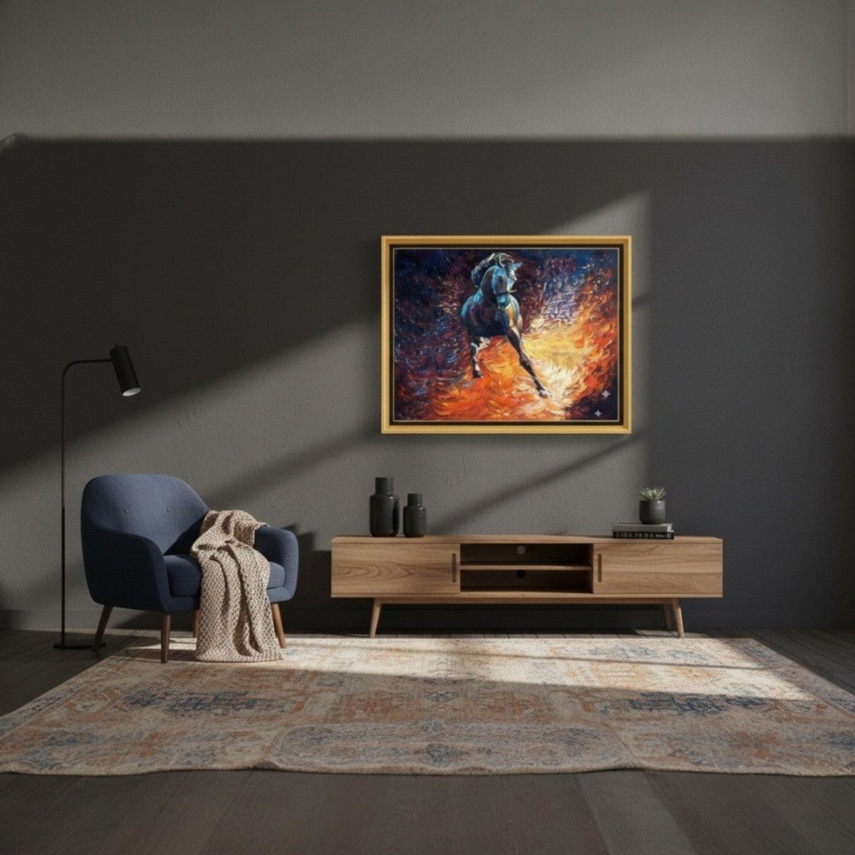 The Phoenix Stallion: Abstract Equine Motion in Fire and Indigo (36 x 24 Inches)