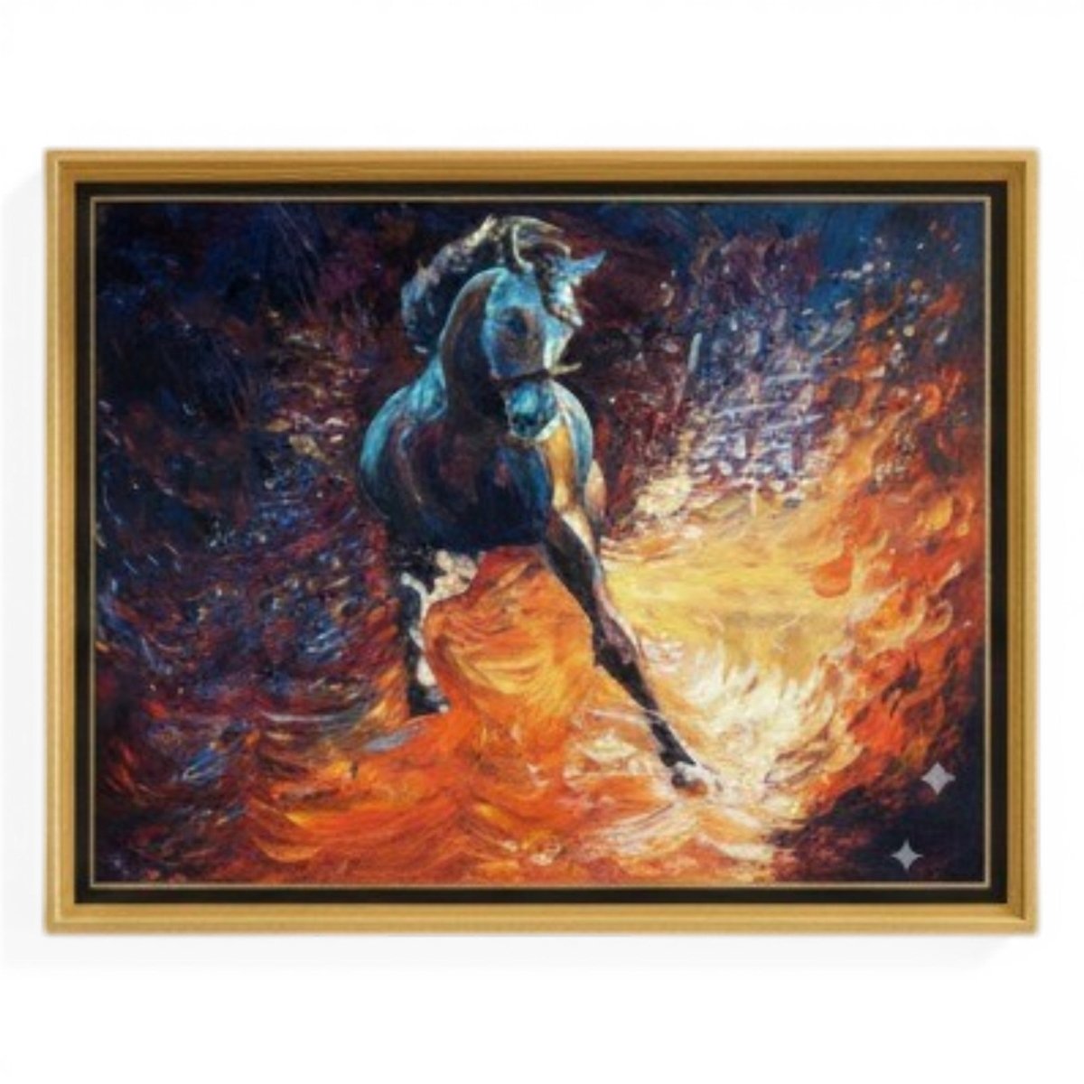 The Phoenix Stallion: Abstract Equine Motion in Fire and Indigo (36 x 24 Inches)