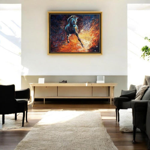 The Phoenix Stallion: Abstract Equine Motion in Fire and Indigo (36 x 24 Inches)