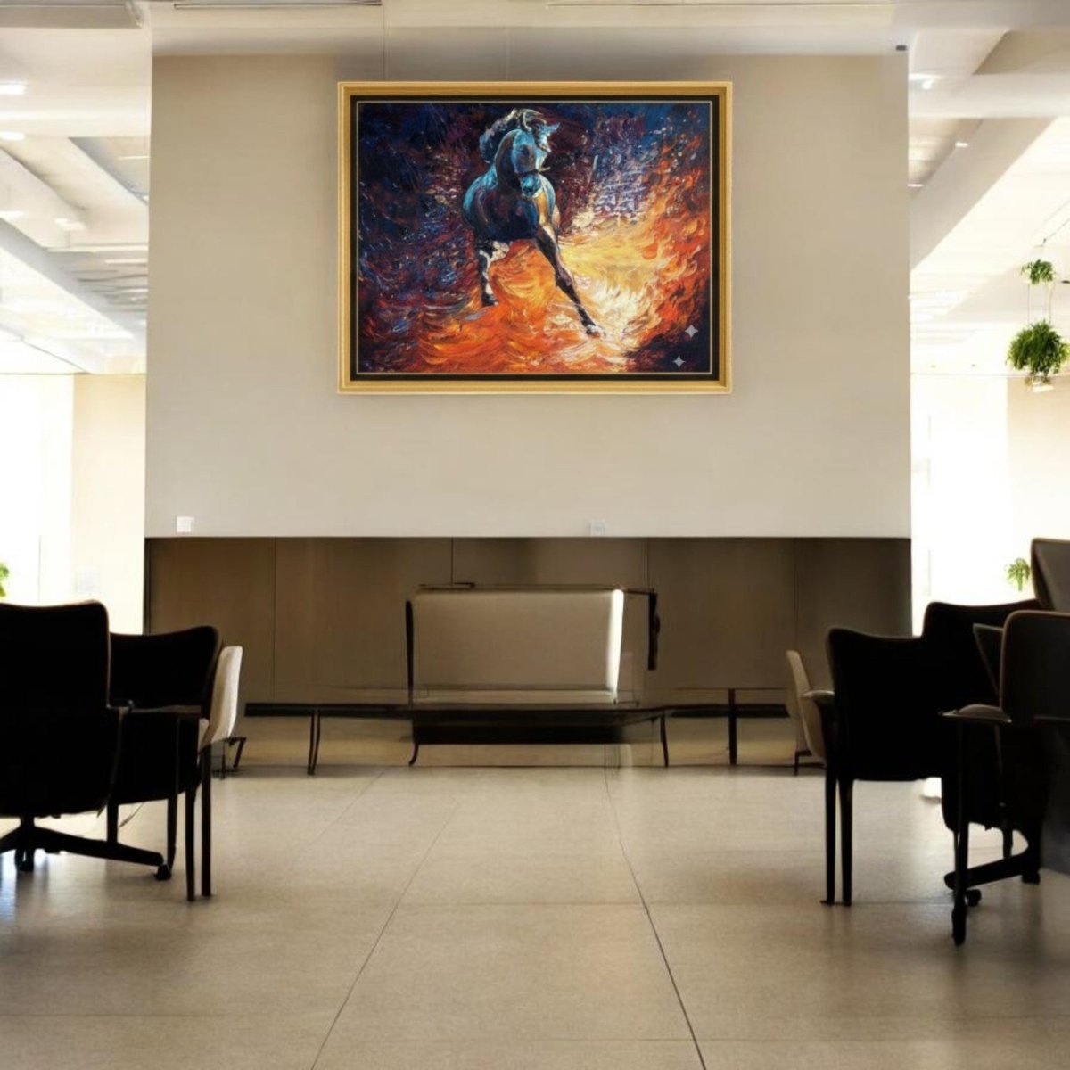The Phoenix Stallion: Abstract Equine Motion in Fire and Indigo (36 x 24 Inches)