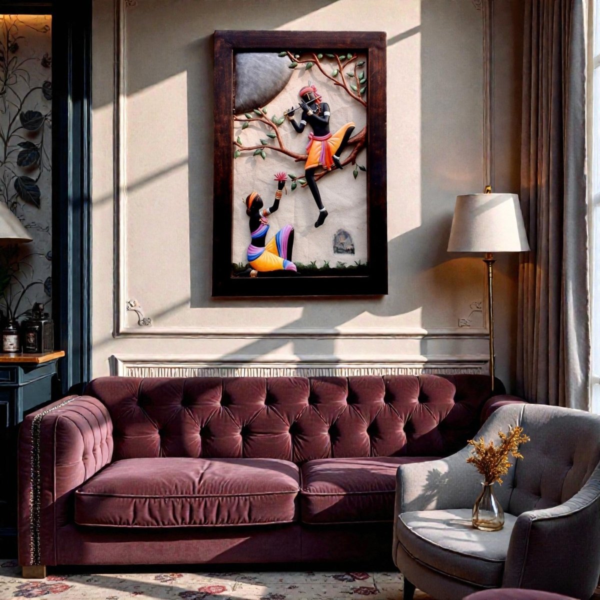 The Sacred Lotus: Premium Ethnic Tree of Life & Krishna Sculpture (24 x 16 Inches)