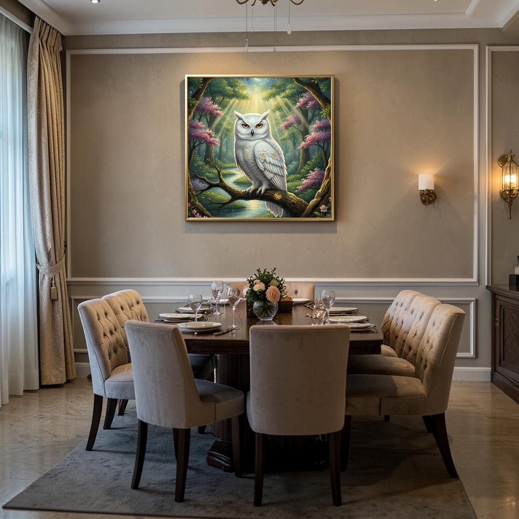 The Silent Observer: Gilded White Owl & Moonlit River Canvas