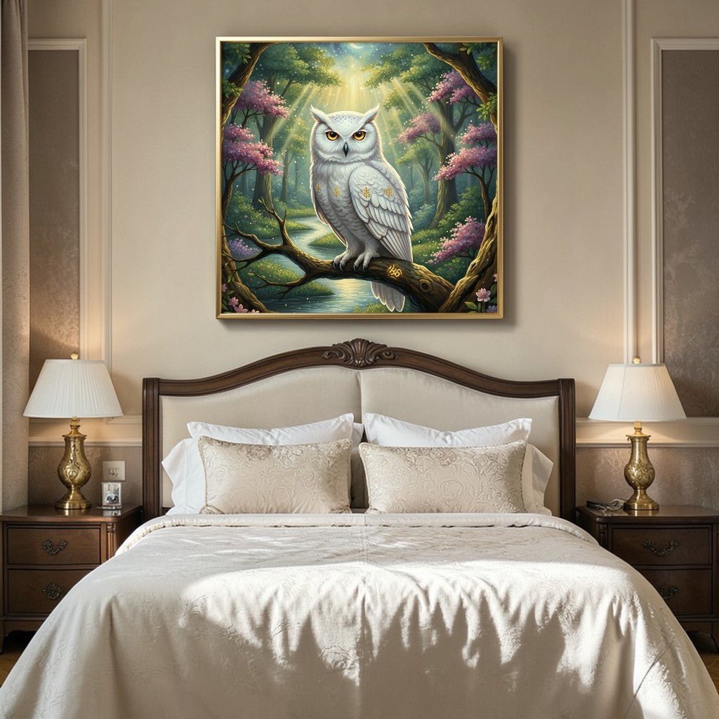 The Silent Observer: Gilded White Owl & Moonlit River Canvas