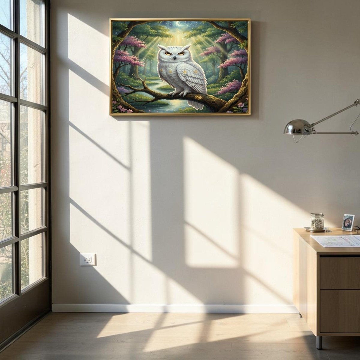 The Silent Observer: Gilded White Owl & Moonlit River Canvas