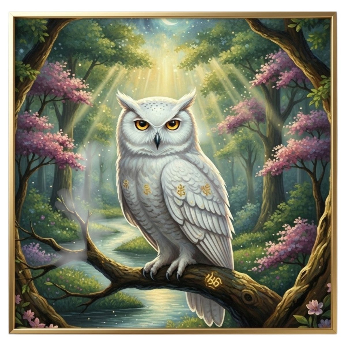 The Silent Observer: Gilded White Owl & Moonlit River Canvas