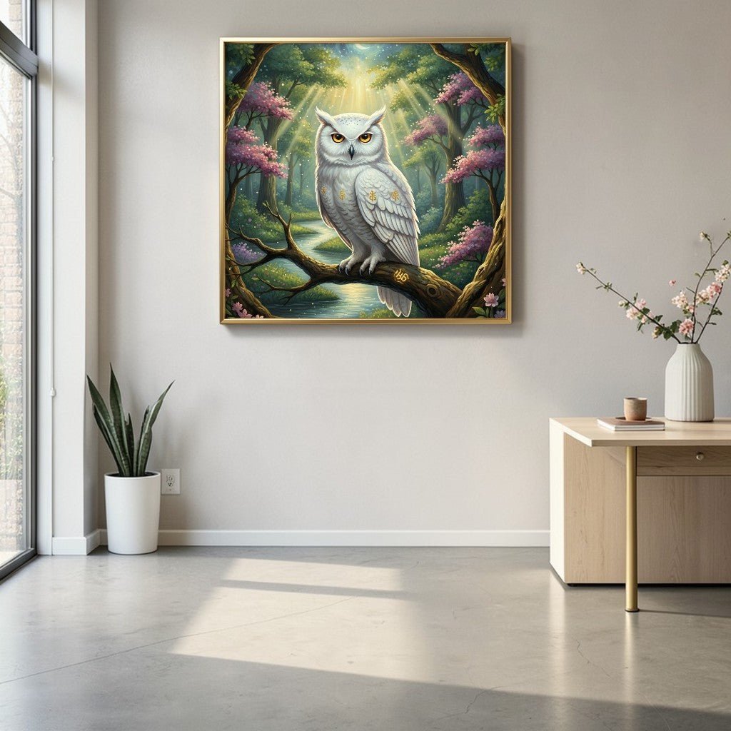 The Silent Observer: Gilded White Owl & Moonlit River Canvas
