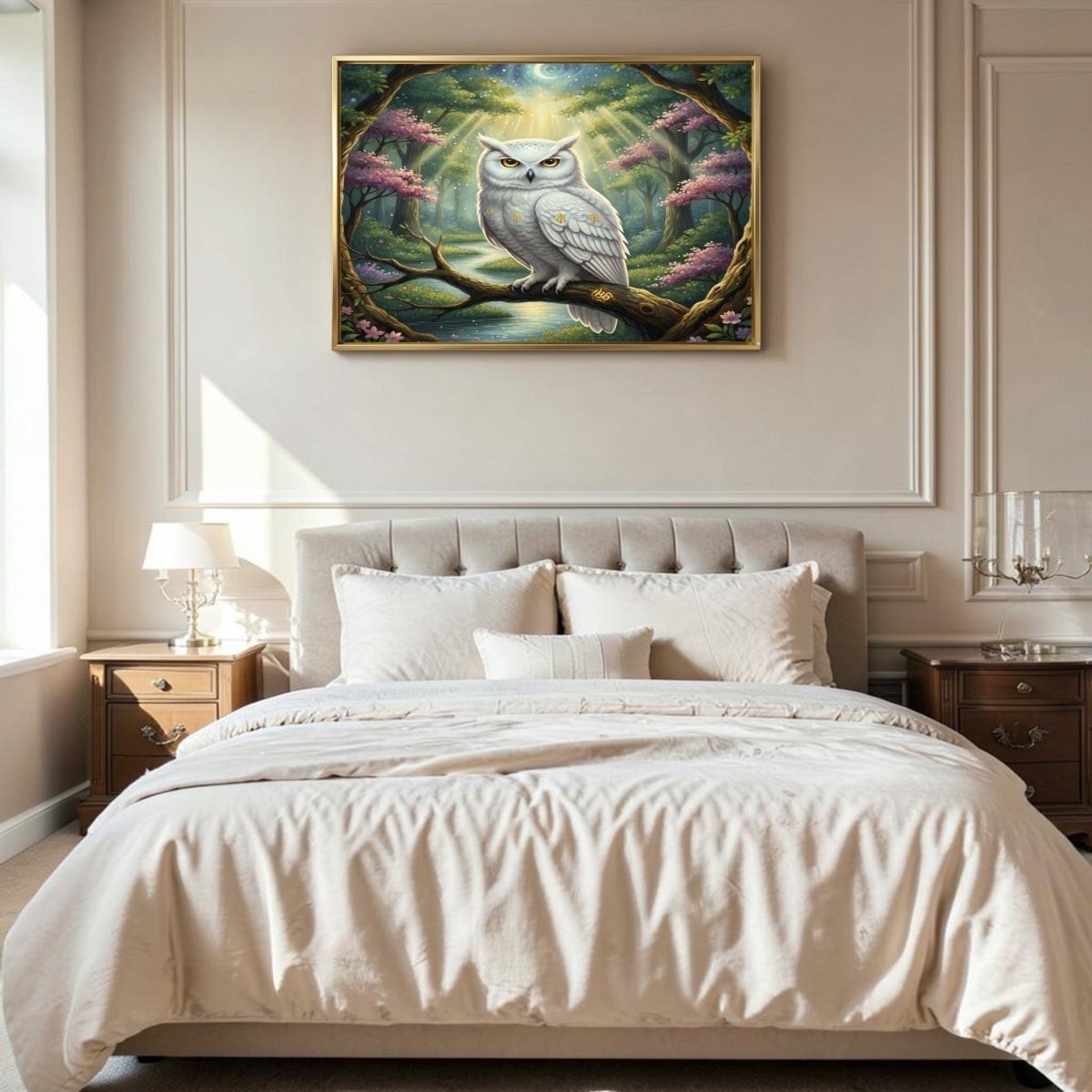 The Silent Observer: Gilded White Owl & Moonlit River Canvas