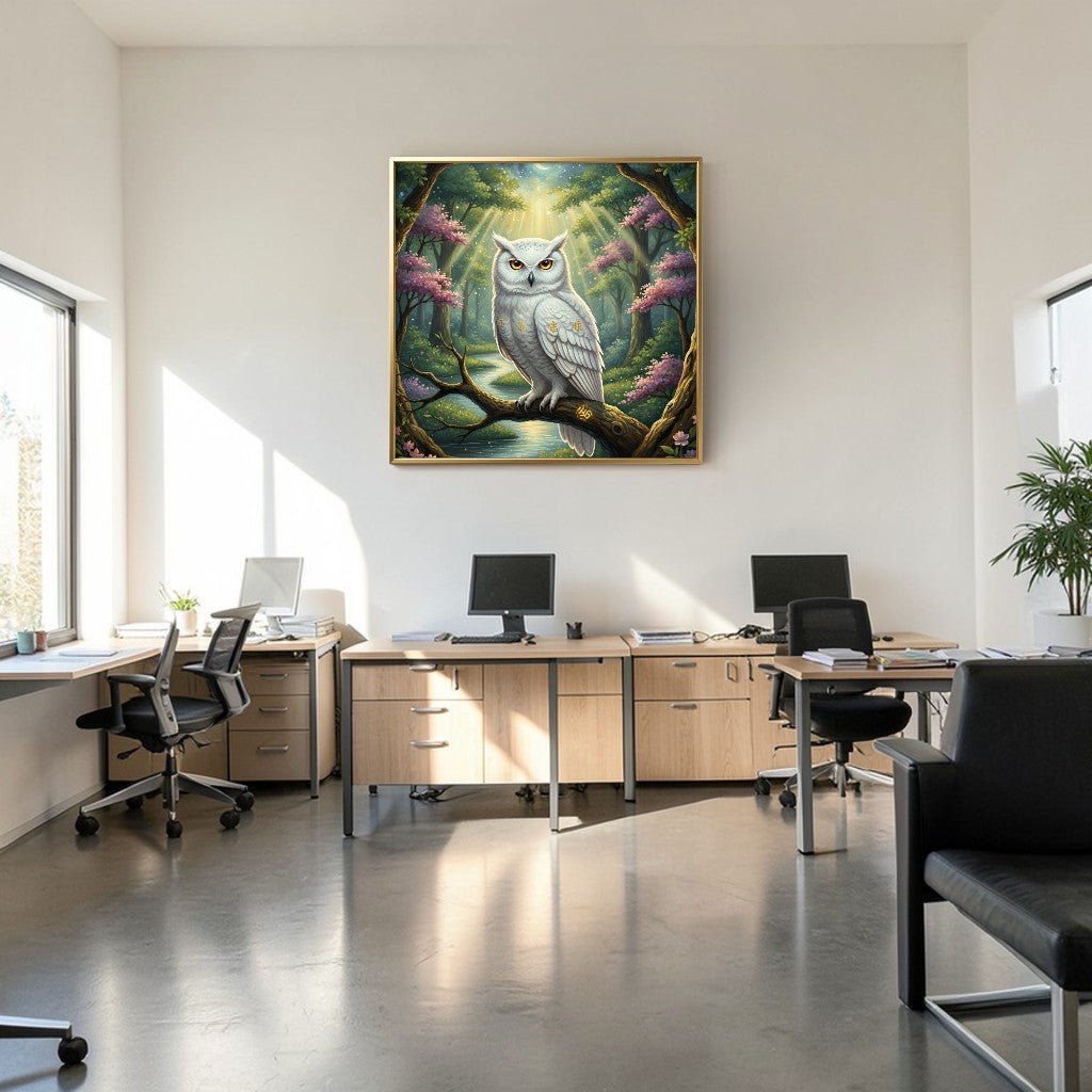 The Silent Observer: Gilded White Owl & Moonlit River Canvas