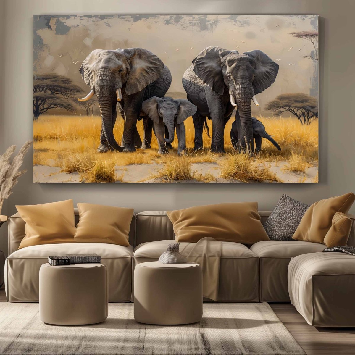 The Trunks of Togetherness : Elephants Canvas Wall Painting (36 x 24 Inches)