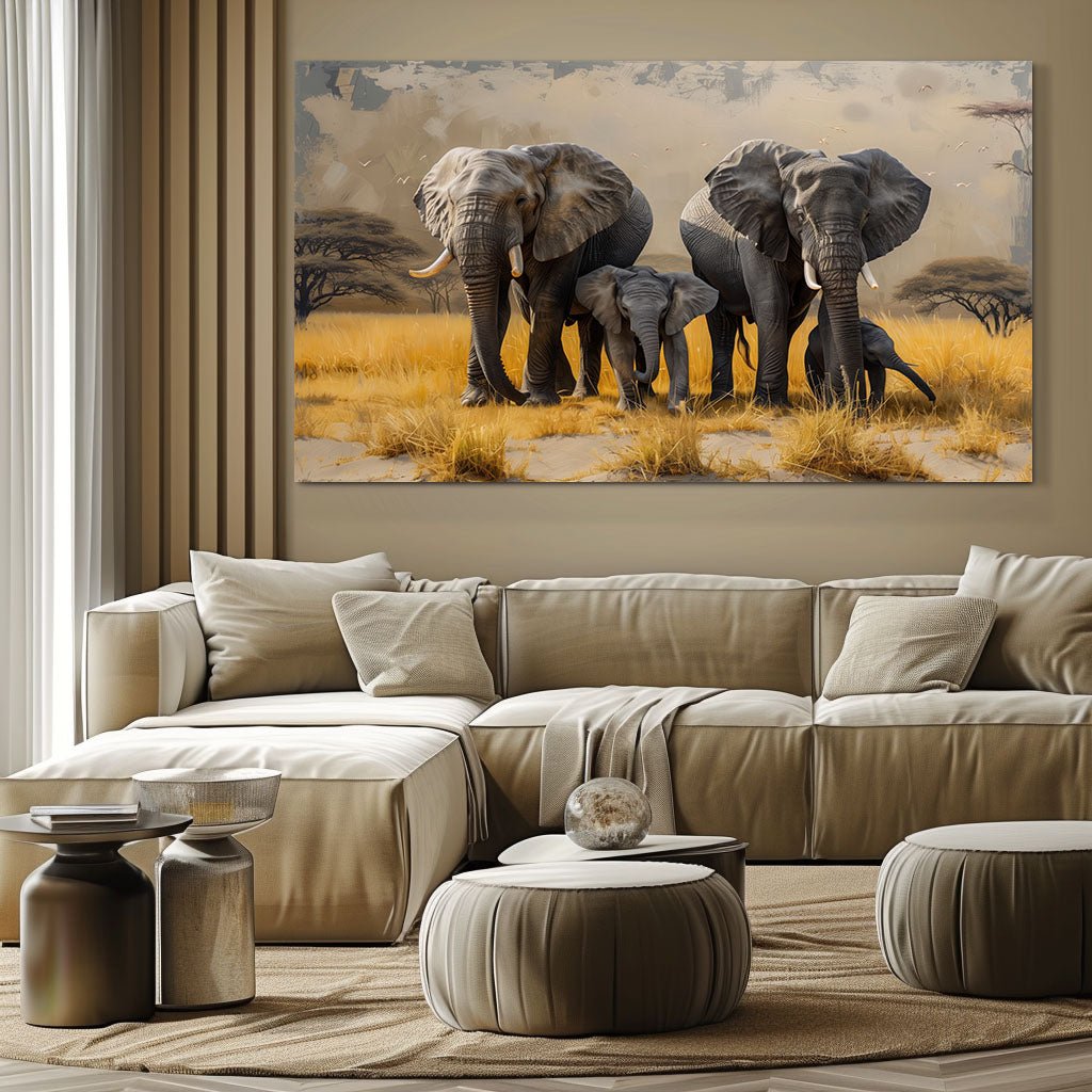 The Trunks of Togetherness : Elephants Canvas Wall Painting (36 x 24 Inches)