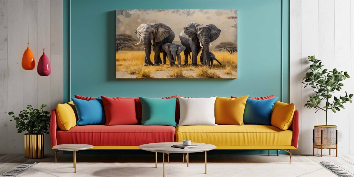 The Trunks of Togetherness : Elephants Canvas Wall Painting (36 x 24 Inches)