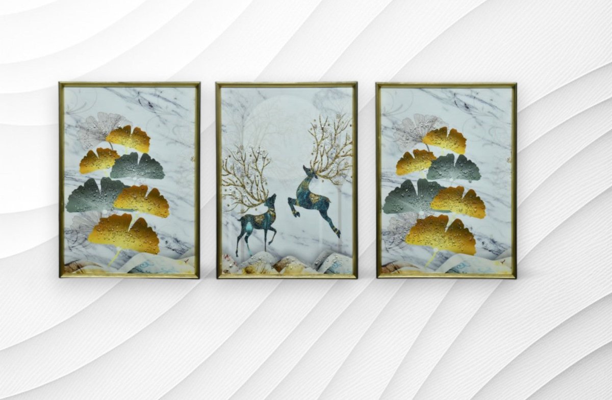 The Whispering Fawn Crystal Glass Painting Set of 3 (150 x 70 Cm)
