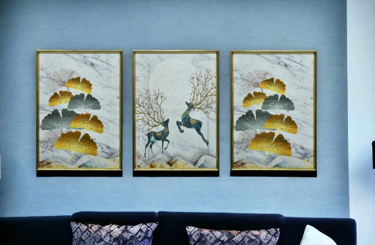 The Whispering Fawn Crystal Glass Painting Set of 3 (150 x 70 Cm)