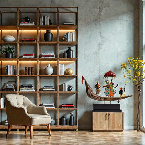 Vibrant Kerala: Hand - Painted Kathakali & Mohiniyattam Vallam Boat Wall Art (20 x 18 Inches)