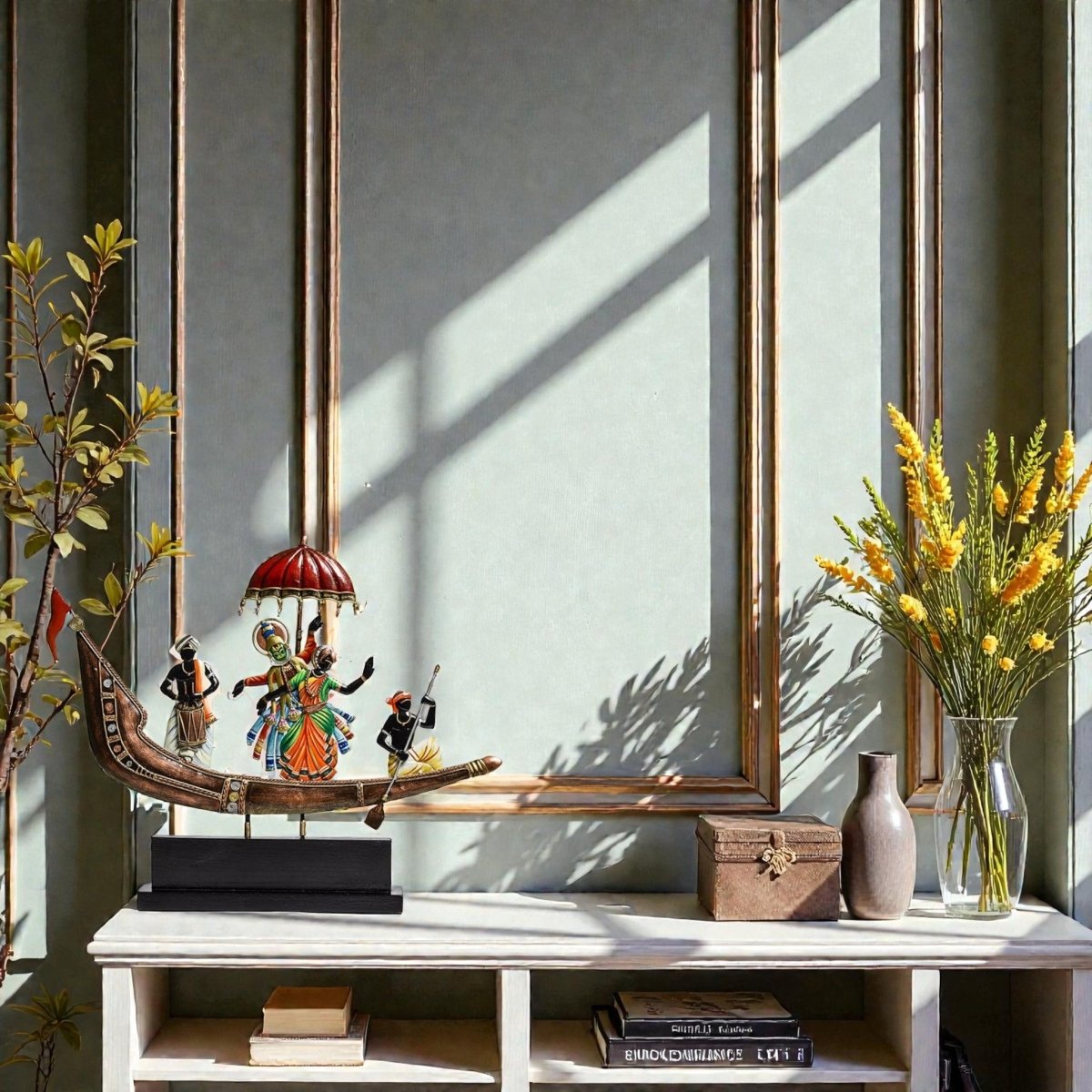 Vibrant Kerala: Hand - Painted Kathakali & Mohiniyattam Vallam Boat Wall Art (20 x 18 Inches)