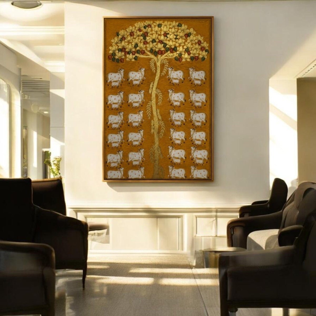 Vrindavan Pastures: Traditional Gold Leaf Pichwai Art with Cows and Calves (24 x 36 Inches)