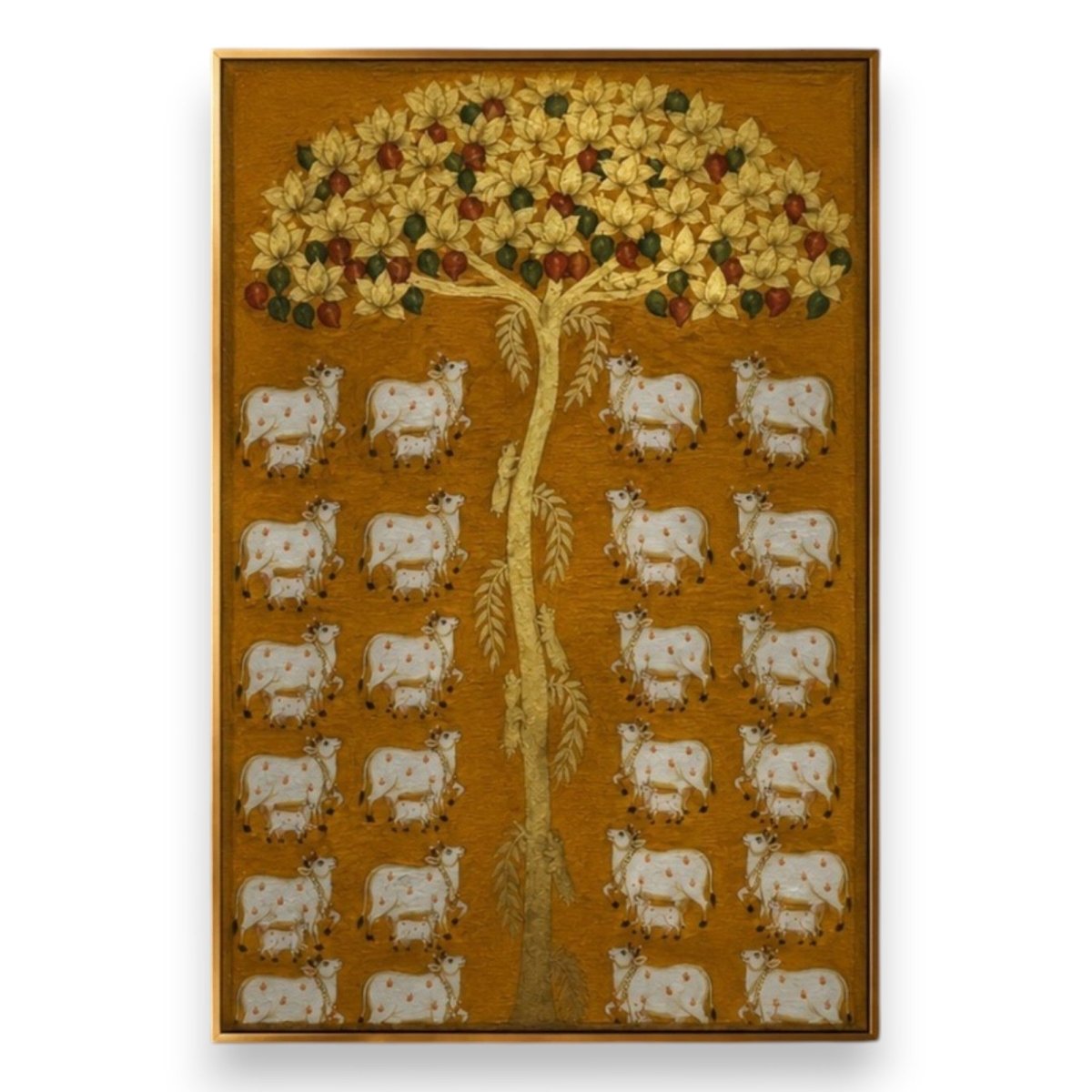Vrindavan Pastures: Traditional Gold Leaf Pichwai Art with Cows and Calves (24 x 36 Inches)