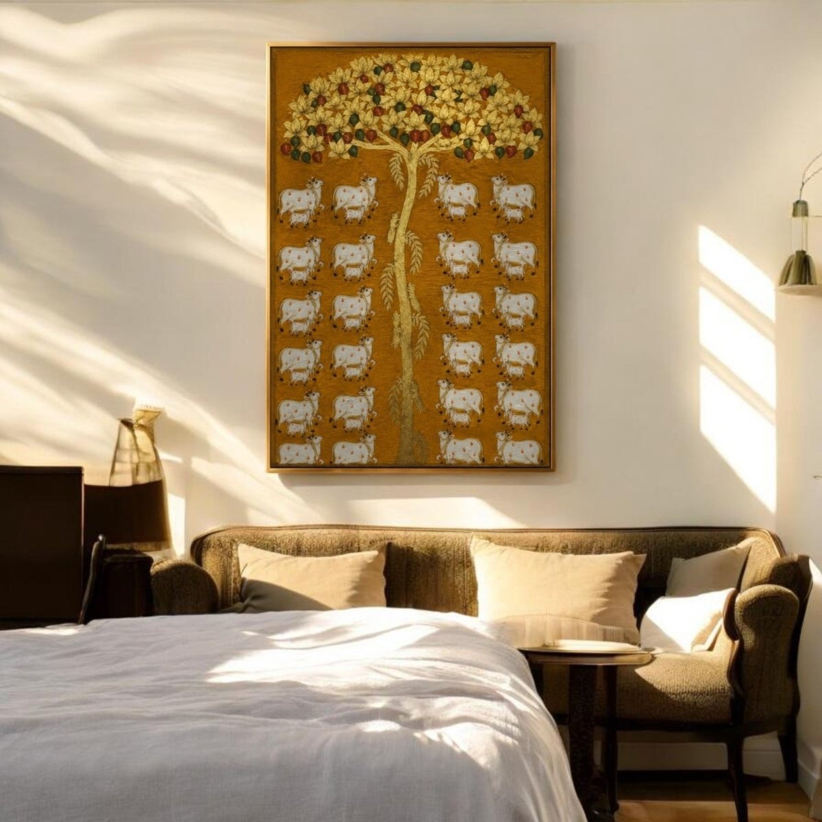 Vrindavan Pastures: Traditional Gold Leaf Pichwai Art with Cows and Calves (24 x 36 Inches)