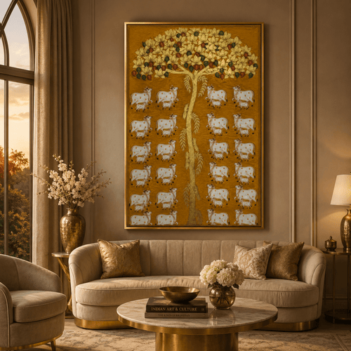 Vrindavan Pastures: Traditional Gold Leaf Pichwai Art with Cows and Calves (24 x 36 Inches)