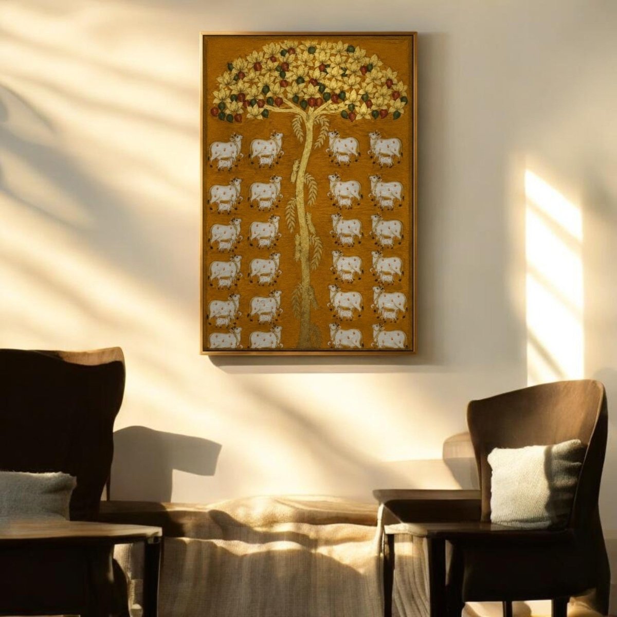 Vrindavan Pastures: Traditional Gold Leaf Pichwai Art with Cows and Calves (24 x 36 Inches)