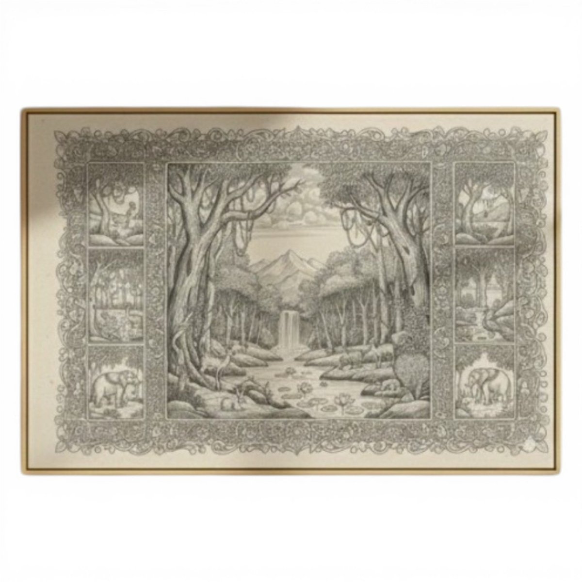 Waterfall: Pavitra Jalprapata: The Royal Pencil Sketch Style Vana Gatha (36 x 24 Inches)