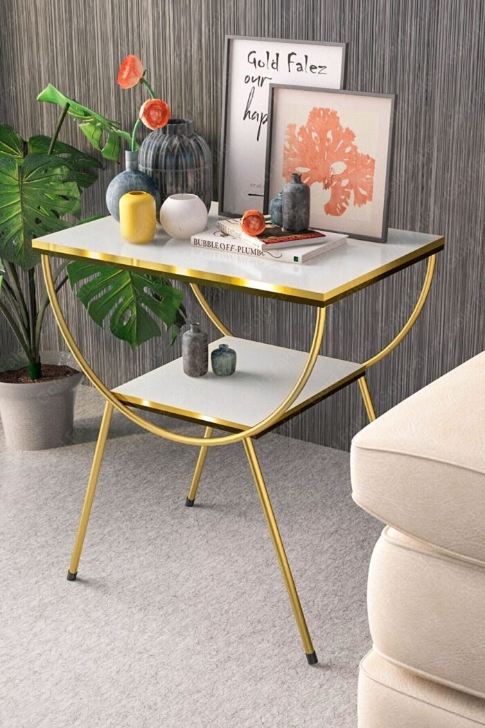 White and Gold 2 Tier Marble Top Side Table