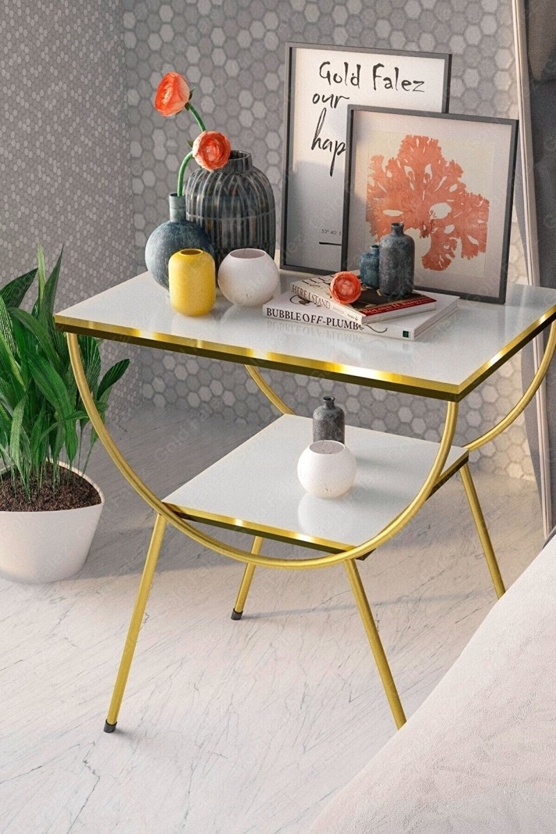 White and Gold 2 Tier Marble Top Side Table