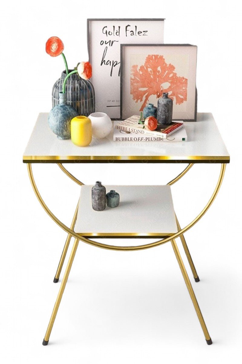 White and Gold 2 Tier Marble Top Side Table