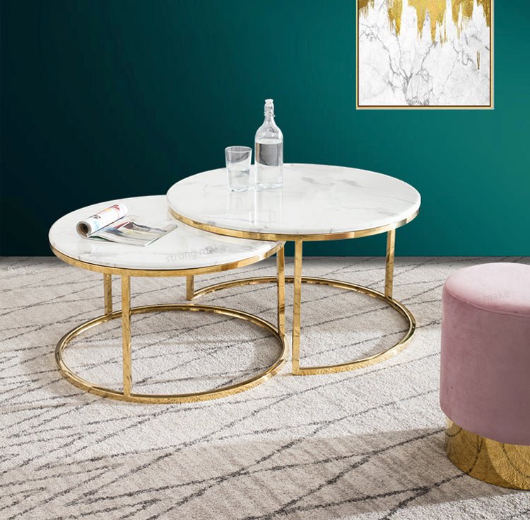 White and Gold Nesting Coffee Tables with Marble Tops