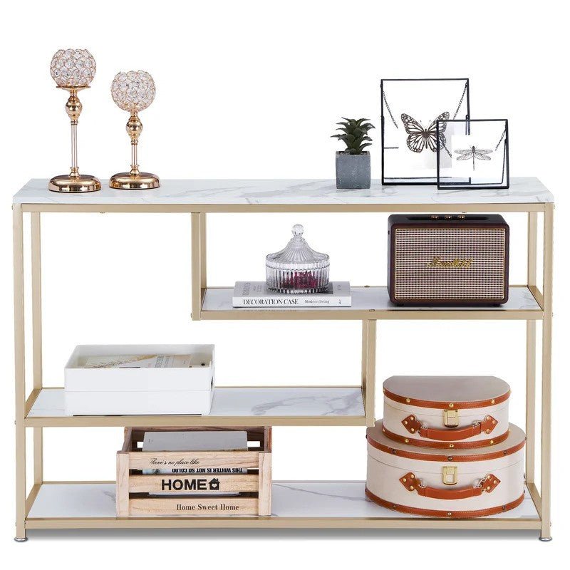 White & Gold Marble Console Table with Storage Shelf