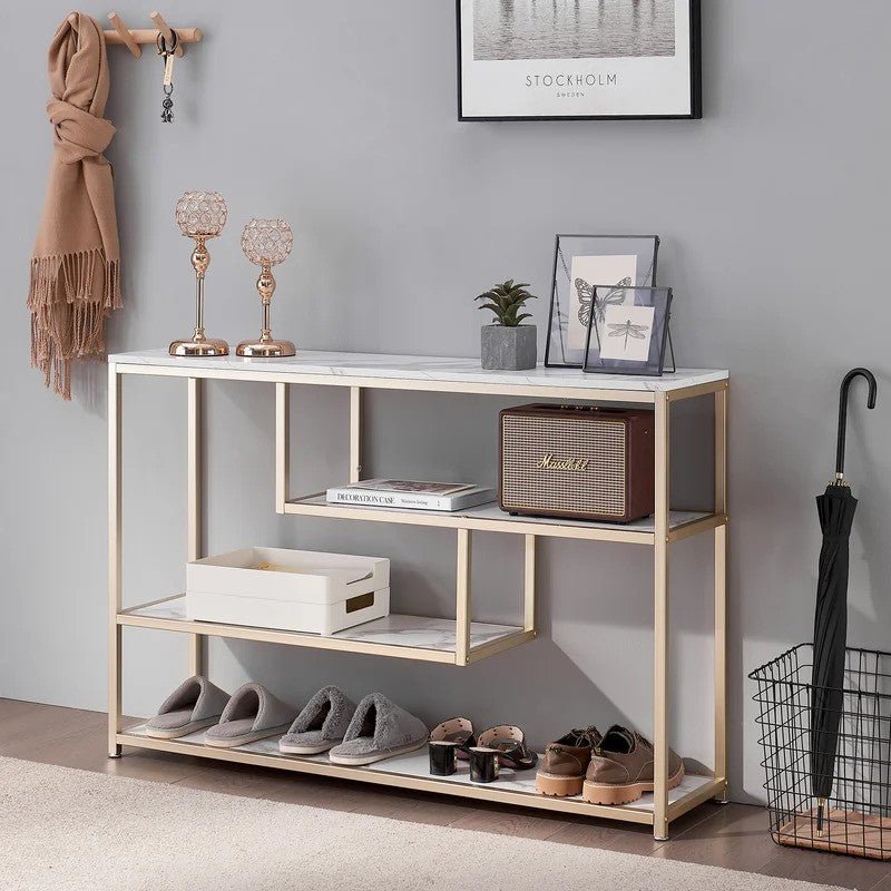 White & Gold Marble Console Table with Storage Shelf