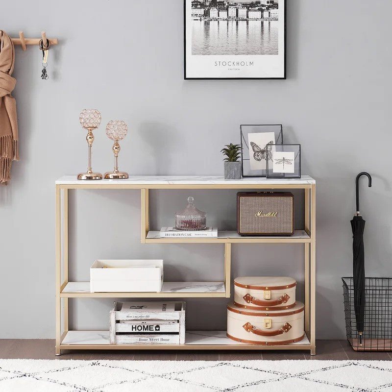 White & Gold Marble Console Table with Storage Shelf