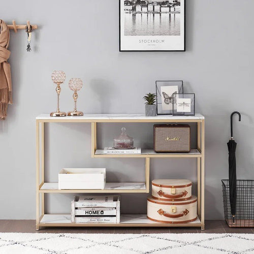 White & Gold Marble Console Table with Storage Shelf
